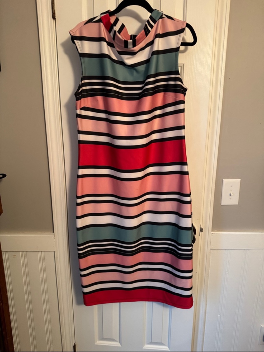 New York & Company Striped Cowl Neck Midi Dress in Pink, Red, Teal & Black